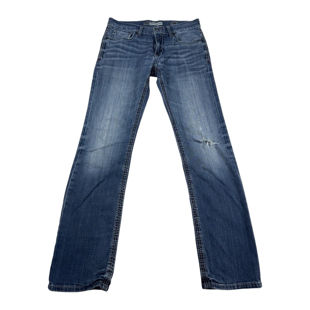 BKE Carter Straight Mens Jeans 32L Medium Wash Blue Distressed Heavy Stitching